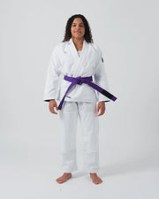 Kingz Kore V2 Women's BJJ Gi White - Full Body Front View Female Athlete Purple Belt Complete Gi Jacket Pants