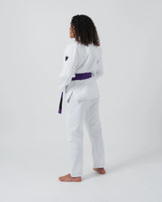 Kingz Kore V2 Women's BJJ Gi White - Full Body Back View Female Athlete Purple Belt Crown Logo Women's Fitted Cut