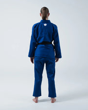 Kingz Kore V2 Women's BJJ Gi Blue - Full Body Back View Female Athlete Black Belt Crown Logo Collar Women's Fitted Cut