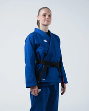 Kingz Kore V2 Women's Jiu Jitsu Gi Blue - Front View Female Athlete Blue Gi Jacket Black Belt KINGZ Logo Lower Hem Durable Construction BJJ Training Gi [color:Blue]