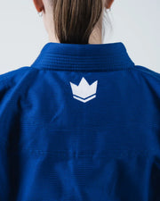 Kingz Kore V2 Women's Jiu Jitsu Gi Blue - Back View Close-Up White Crown Logo Textured Fabric Durable Stitching Premium BJJ Gi Training Apparel [color:Blue]