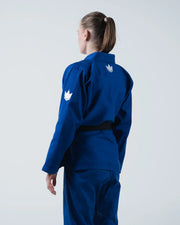 Kingz Kore V2 Women's Jiu Jitsu Gi Blue - Back View Female Athlete White Crown Logos Shoulders Blue Fabric Black Belt Comfortable Fit BJJ Gi Training [color:Blue]