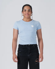 Kingz Kore Women's Baby Tee - Worn View - White Crown Chest Logo Front - Baby Blue Women's BJJ Tee [color:White]