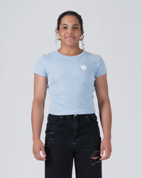 Kingz Kore Women's Baby Tee - Worn View - White Crown Chest Logo Front - Baby Blue Women's BJJ Tee [color:White]