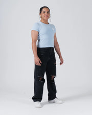 Kingz Kore Women's Baby Tee - Lifestyle Shot - Full Body Standing Outfit - Baby Blue Women's BJJ Tee [color:Baby Blue]