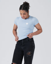 Kingz Kore Women's Baby Tee - Worn View - Crown Logo Fitted Bodice Detail - Baby Blue Women's BJJ Tee [color:Baby Blue]