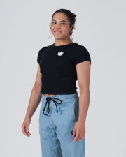 Kingz Kore Women's Baby Tee - Worn View - Three-Quarter Fitted Silhouette - Black Women's BJJ Tee [color:Black]