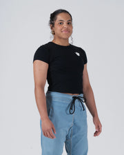 Kingz Kore Women's Baby Tee - Worn View - Waist Up Three-Quarter Fit - Black Women's BJJ Tee [color:Black]