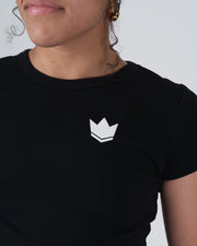 Kingz Kore Women's Baby Tee - Detail Shot - White Crown Logo Close-up - Black Women's BJJ Tee [color:Black]