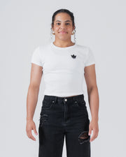 Kingz Kore Women's Baby Tee - Worn View - Crown Chest Logo Fitted Front - White Women's BJJ Tee [color:White]
