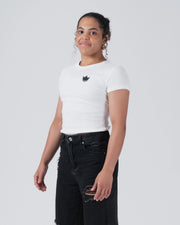 Kingz Kore Women's Baby Tee - Worn View - Three-Quarter Fitted Silhouette - White Women's BJJ Tee [color:White]