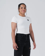 Kingz Kore Women's Baby Tee - Lifestyle Shot - Smiling Fitted Front Pose - White Women's BJJ Tee [color:White]