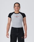 Kingz Gentle Art Club Women's Baby Tee - Worn View - Gentle Art Club Raglan Chest Graphic - Grey Women's BJJ Tee