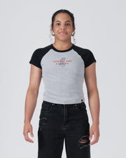 Kingz Gentle Art Club Women's Baby Tee - Worn View - Gentle Art Club Raglan Chest Graphic - Grey Women's BJJ Tee