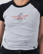 Kingz Gentle Art Club Women's Baby Tee - Detail Shot - Rose Scorpion Chest Graphic - Grey Women's BJJ Tee