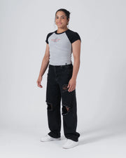 Kingz Gentle Art Club Women's Baby Tee - Lifestyle Shot - Full Body Front Outfit - Grey Women's BJJ Tee