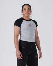 Kingz Gentle Art Club Women's Baby Tee - Worn View - Waist Up Chest Graphic - Grey Women's BJJ Tee