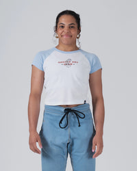 Kingz Gentle Art Club Women's Baby Tee - Worn View - Gentle Art Club Raglan Chest Graphic - White Women's BJJ Tee
