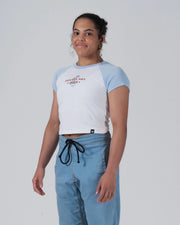 Kingz Gentle Art Club Women's Baby Tee - Worn View - Three-Quarter Raglan Fitted Look - White Women's BJJ Tee