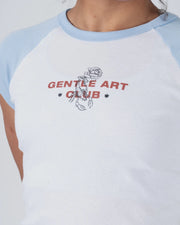 Kingz Gentle Art Club Women's Baby Tee - Detail Shot - Rose Scorpion Chest Graphic - White Women's BJJ Tee