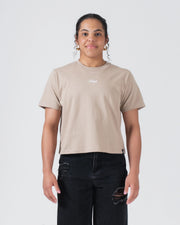 Kingz Women's Heavyweight Tee - Worn View - Kingz Script Chest Embroidery - French Oak Women's BJJ Tee