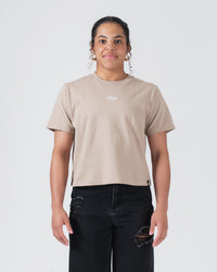 Kingz Women's Heavyweight Tee - Worn View - Kingz Script Chest Embroidery - French Oak Women's BJJ Tee