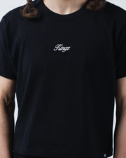 Kingz Women's Heavyweight Tee - Detail Shot - Kingz Script Embroidery Close-up - Black Women's BJJ Tee