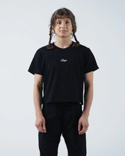 Kingz Women's Heavyweight Tee - Worn View - Kingz Script Chest Embroidery - Black Women's BJJ Tee