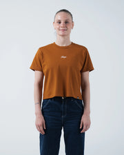 Kingz Women's Heavyweight Tee - Worn View - Kingz Script Chest Embroidery - Vintage Orange Women's BJJ Tee