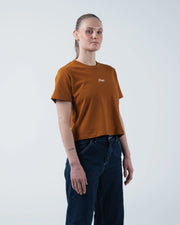 Kingz Women's Heavyweight Tee - Lifestyle Shot - Fitted Front Relaxed Pose - Vintage Orange Women's BJJ Tee