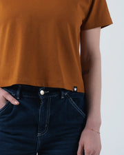 Kingz Women's Heavyweight Tee - Detail Shot - Cropped Boxy Hem and Waist - Vintage Orange Women's BJJ Tee