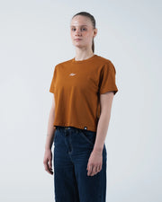 Kingz Women's Heavyweight Tee - Worn View - Boxy Fit Crown Hem Logo - Vintage Orange Women's BJJ Tee