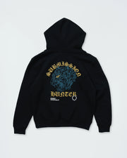 Kingz Submission Hunter Youth Hoodie - Flat Lay Back - Blue Lion and Gold Hunter Print - Black - Youth BJJ Hoodie [color:Black]
