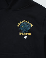 Kingz Submission Hunter Youth Hoodie - Back Print Close Up - Blue Lion Gold Gothic Text - Black - Youth BJJ Hoodie [color:Black]