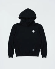 Kingz Jaws Youth Hoodie - Flat Lay Front - White Crown Chest Logo and Kangaroo Pocket - Black - Youth BJJ Hoodie [color:Black]