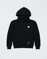 Kingz Jaws Youth Hoodie - Flat Lay Front - White Crown Chest Logo and Kangaroo Pocket - Black - Youth BJJ Hoodie [color:Black]