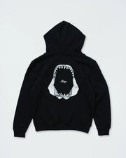 Kingz Jaws Youth Hoodie - Flat Lay Back - White Shark Jaws Back Print and Kingz Script - Black - Youth BJJ Hoodie [color:Black]