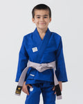 Kingz Kore V2 Youth BJJ Gi Blue - Upper Body Front View Young Athlete Gray Belt KINGZ Logo 380gsm Youth Kids Size