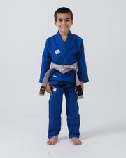 Kingz Kore V2 Youth BJJ Gi Blue - Full Body Front View Young Athlete Gray Belt KINGZ Logo Complete Youth Kids Gi