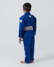 Kingz Kore V2 Youth BJJ Gi Blue - Full Body 3/4 Back View Young Athlete Gray Belt Dual Crown Logo Youth Kids