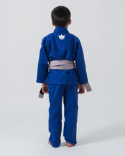 Kingz Kore V2 Youth BJJ Gi Blue - Full Body Back View Young Athlete Gray Belt Crown Logo Upper Back Youth Kids