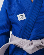 Kingz Kore V2 Youth BJJ Gi Blue - Close Up KINGZ KIMONOS Premium Crafted Gear Label Patch Detail Gray Belt Knot Micro Pearl Weave