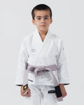 Kingz Kore V2 Youth BJJ Gi White - Upper Body Front View Young Athlete Gray Belt KINGZ Logo 380gsm Youth Kids Size