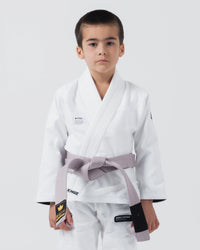 Kingz Kore V2 Youth BJJ Gi White - Upper Body Front View Young Athlete Gray Belt KINGZ Logo 380gsm Youth Kids Size