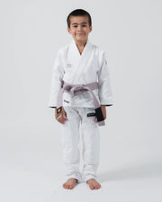 Kingz Kore V2 Youth BJJ Gi White - Full Body Front View Young Athlete Gray Belt KINGZ Logo Complete Youth Gi