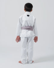Kingz Kore V2 Youth BJJ Gi White - Full Body Back View Young Athlete Gray Belt Crown Logo Upper Back Youth Kids Gi