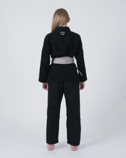Kingz Nano 3.0 Youth BJJ Gi Black - Full Body Back View Girl Athlete Gray Belt Crown Logo Upper Back Youth Kids Nano Gi
