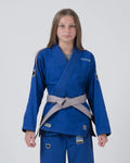 Kingz Nano 3.0 Youth BJJ Gi Blue - Upper Body Front View Girl Athlete Gray Belt NANO Text Crown Logo 380gsm Youth Kids Size