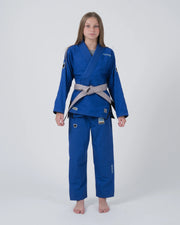 Kingz Nano 3.0 Youth BJJ Gi Blue - Full Body Front View Girl Athlete Gray Belt Crown Logo NANO Text Complete Gi Youth Kids