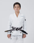 Kingz Nano 3.0 Youth BJJ Gi White - Upper Body Front View Young Athlete Gray Belt NANO Text Crown Logo 380gsm Youth Kids Size